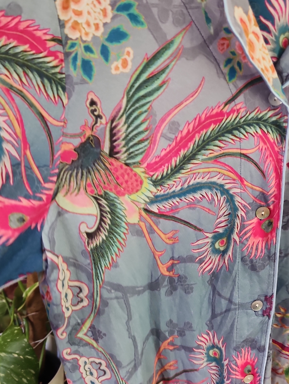 Johnny Was Phoenix Bird Floral Print Button Front Pajama Top - Picture 3 of 8